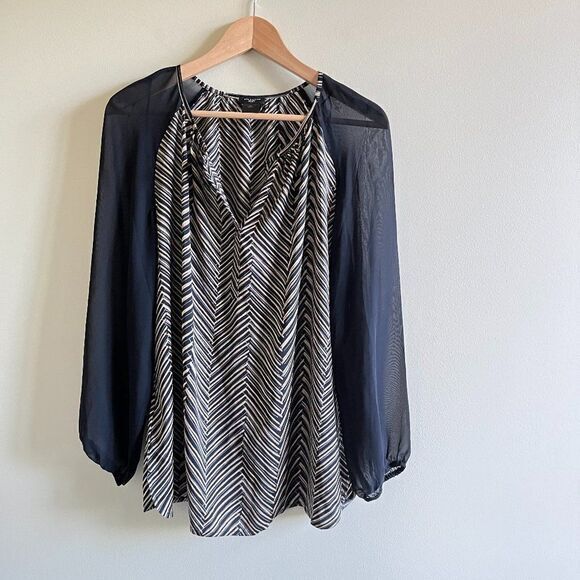 ANN TAYLOR SPLIT NECK BLOUSE‎ AZTEC PRINT SHEER WOM - Picture 1 of 5